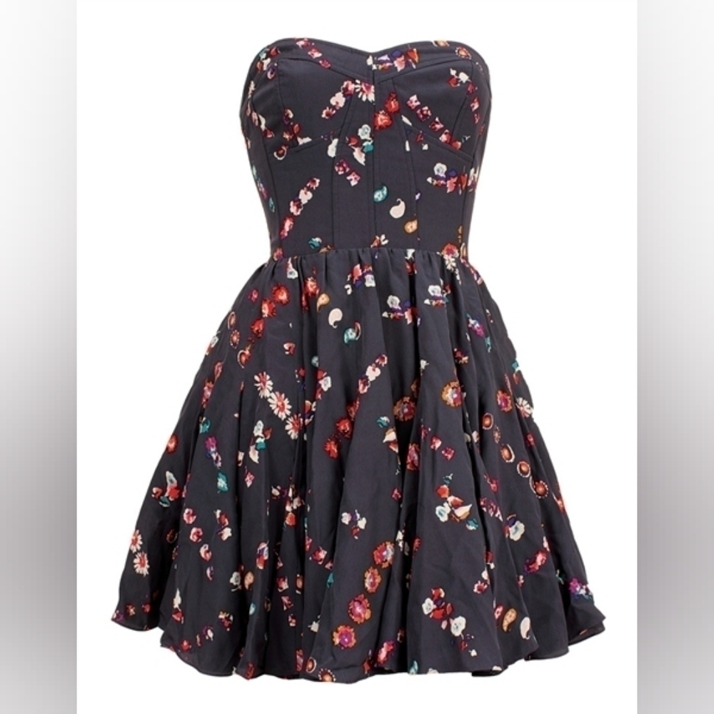 Rebecca Taylor Ditsy Floral 100% Silk Strapless Corset Flowy Mini Dress Plus Cup